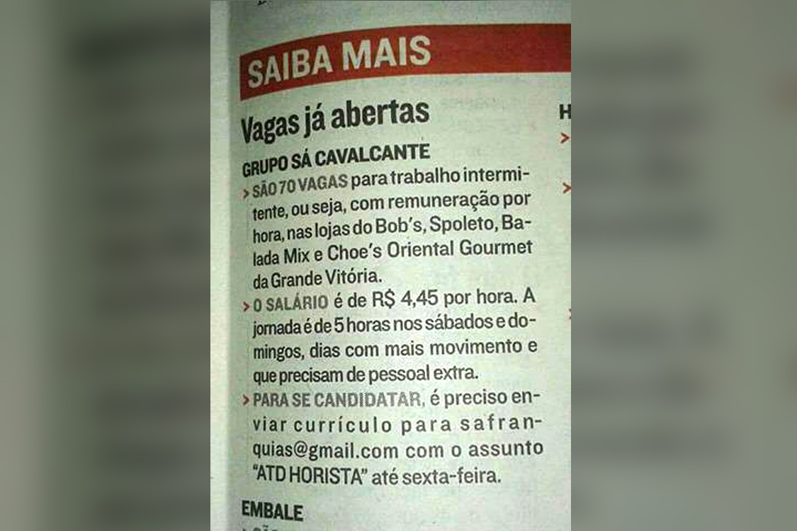 Página do Facebook "Vagas Arrombadas" expõe vaga de emprego com remuneração imcompatível