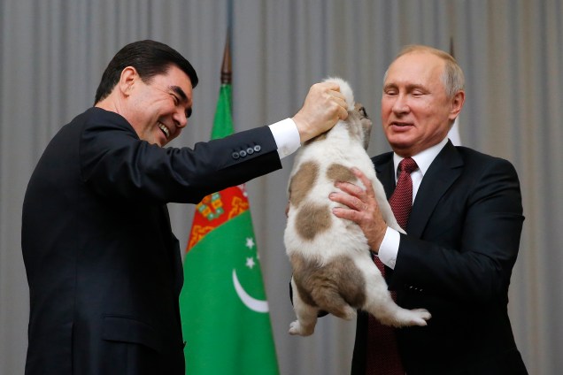 O presidente do Turcomenistão, Gurbanguly Berdimuhamedov, apresenta um cão de pastor turcomano, conhecido localmente como Alabai, ao seu homólogo russo, Vladimir Putin, durante uma reunião em Sochi, na Rússia - 11/10/2017