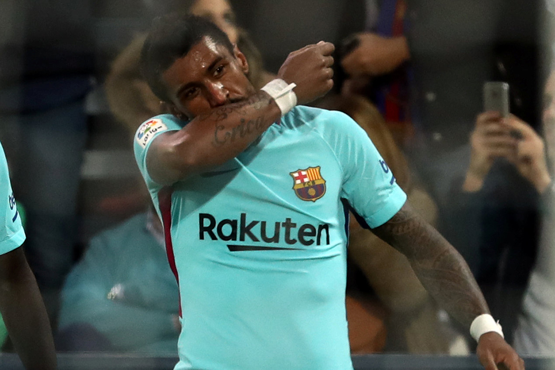 Jogador Paulinho, do Barcelona, comemora gol contra o Leganes, durante partida válida pela Liga Santander, na Espanha