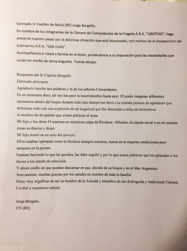 Carta de Jorge Bergallo, ex-comandante do ARA San Juan