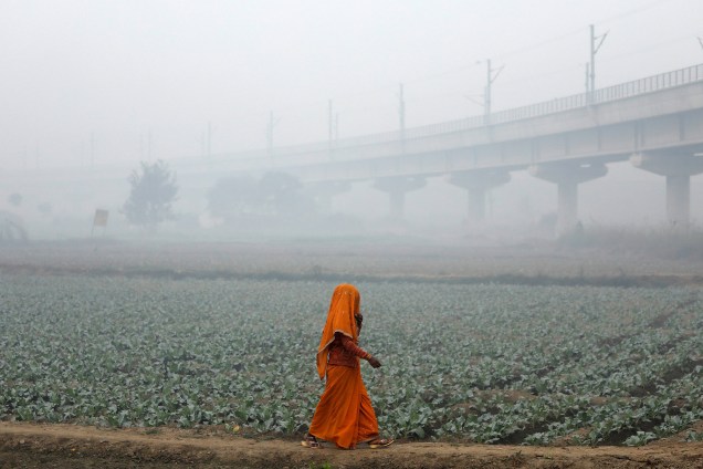 Mulher atravessa um campo coberta em meio a névoa da manhã  em Nova Délhi, na Índia - 13/11/2017