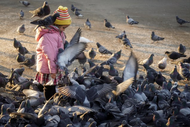 Menina alimenta pombos em um parque em Almaty, no Cazaquistão - 23/11/2017