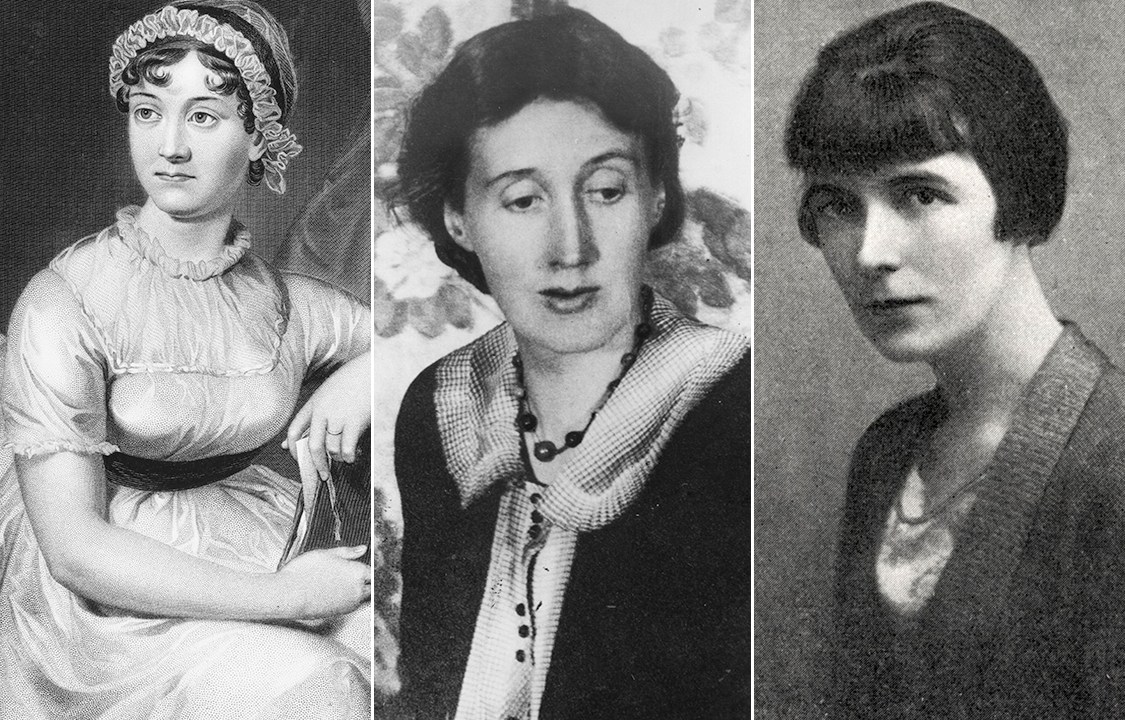 Escritoras Jane Austen, Virginia Woolf e Katherine Mansfield