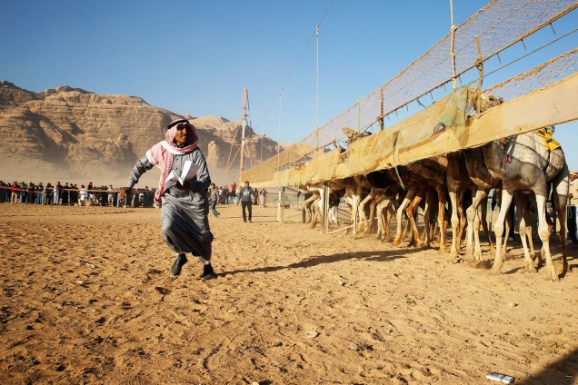 Árbitro dá a largada para camelos correrem, em disputa realizada anualmente no vale de Wadi Rum, na Jordânia - 02/11/2017