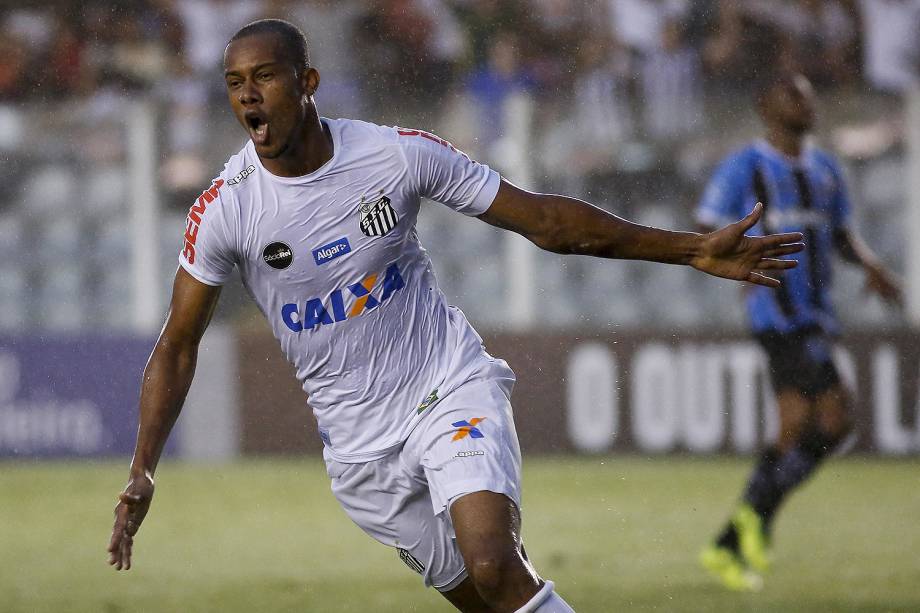 Comemoração do primeiro gol do Santos, marcado por Copete durante o jogo contra o Grêmio realizado na Vila Belmiro, em Santos - 19/11/2017