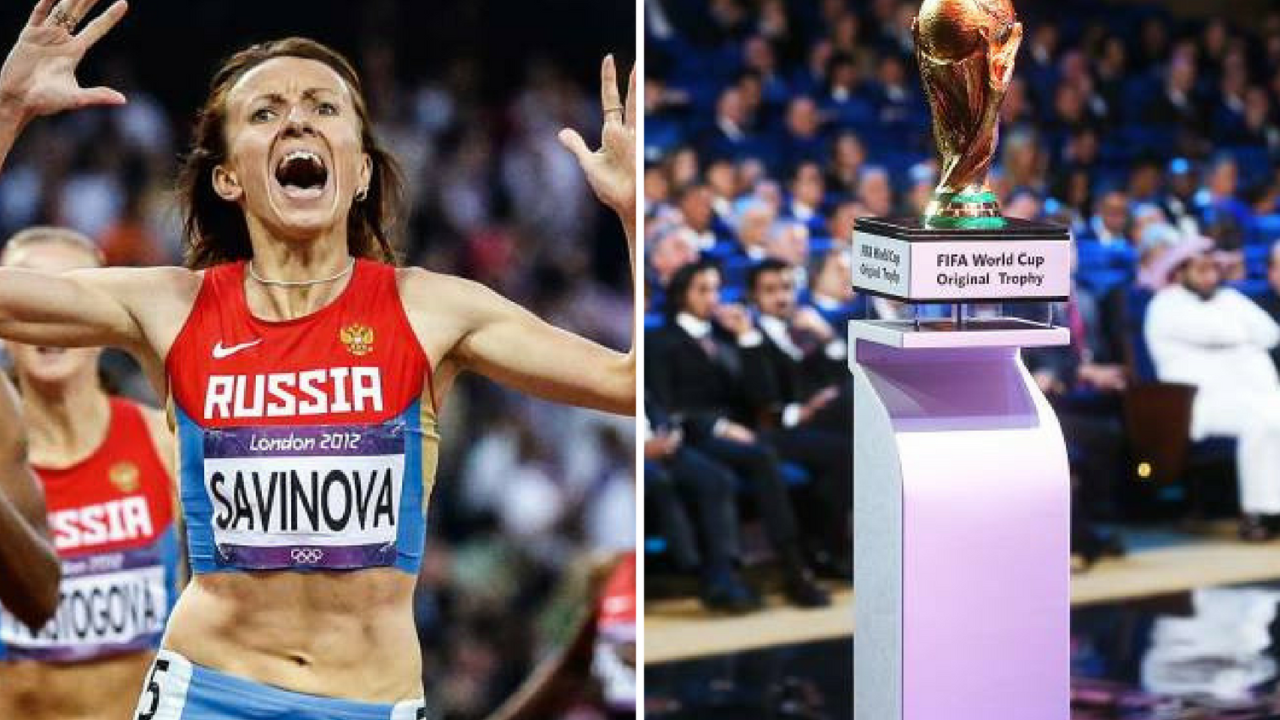 A atleta russa Mariya Savinova e a taça da Copa do Mundo