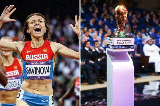 A atleta Mariya Savinova e a taça da Copa do Mundo