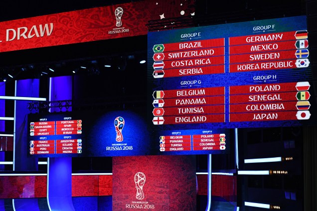 Painel exibe os grupos sorteados para a Copa da Rússia