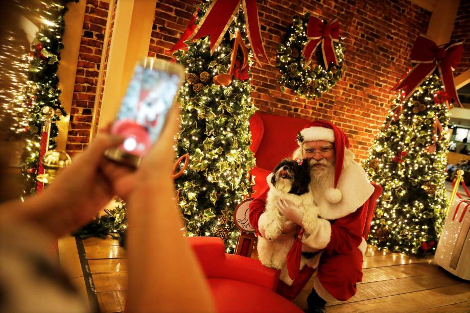 Cachorro posa para foto com o papai noel no shopping Villa-Lobos em São Paulo - 01/12/2017
