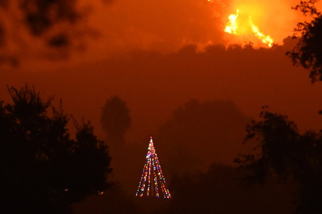 Incêndio atinge as colina da cidade de Carpinteria, atrás de uma árvore de Natal, na Califórnia. As chamas já consumiram mais de 230.000 hectares e é o quinto maior incêndio da história do estado