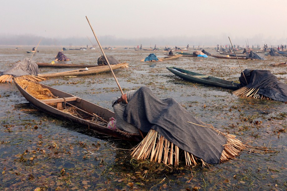 Pescadores cobrem a cabeça e parte de seus barcos com palha e cobertores enquanto esperam pegar peixes nas águas do lago Anchar, durante um dia frio de inverno em Srinagar, na Índia - 28/12/2017