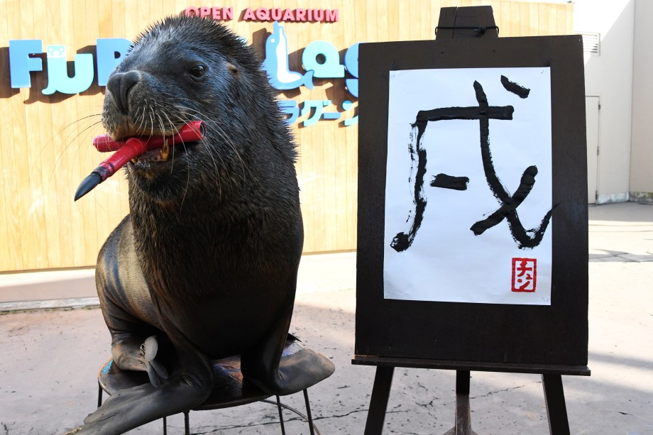 O leão-marinho Chen posa para foto depois de escrever o símbolo do zodíaco para "cão", signo do próximo ano novo chinês, no Yokohama Hakkeijima Sea Paradise, no Japão - 26/12/2017