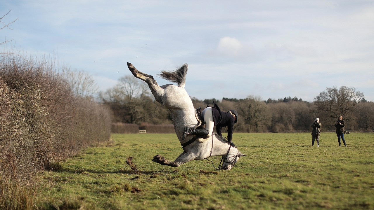 Imagens do dia - Cavalo erra o salto durante a caçada do Boxing Day, na Inglaterra