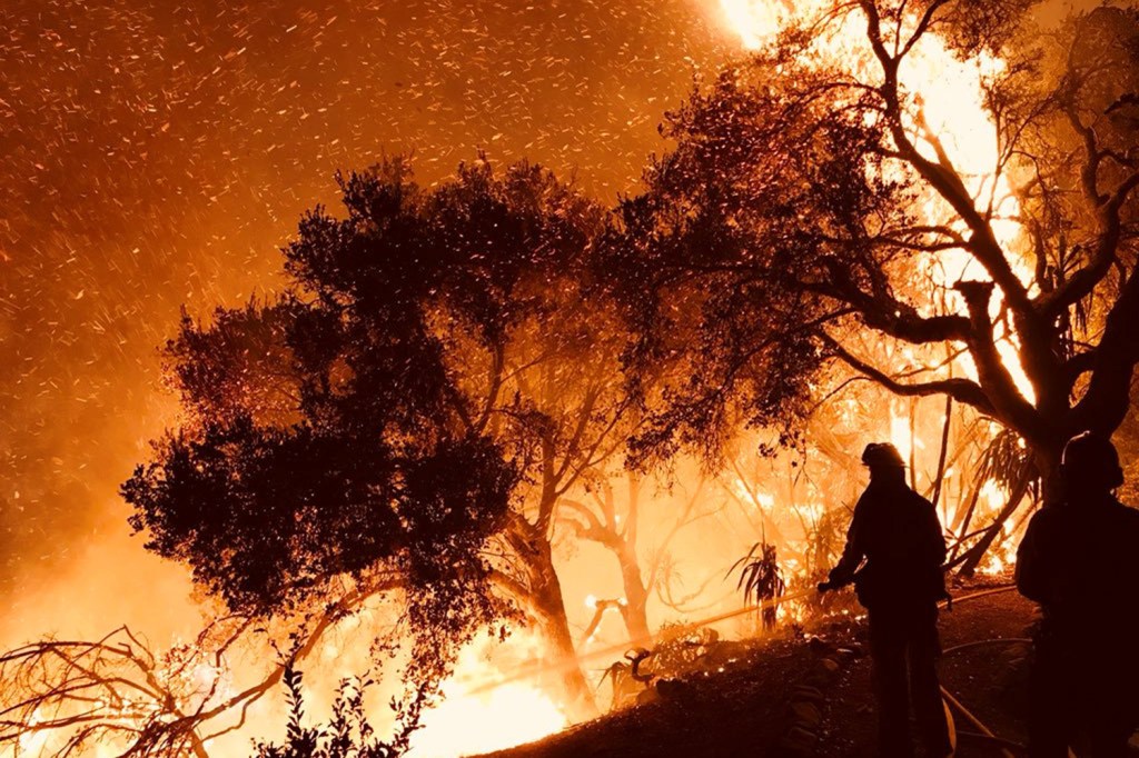 Bombeiros trabalham para conter incêndio florestal em Carpinteria, cidade localizada no estado americano da Califórnia - 10/12/2017