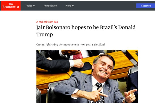Site da revista ' The Economist' com matéria sobre Jair Bolsonaro
