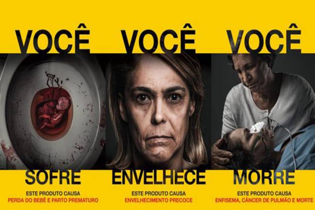 Imagens de novas advertências em embalagens de cigarros divulgadas pela Anvisa: perda do bebê e parto prematuro, envelhecimento precoce; enfisema, câncer de pulmão e morte