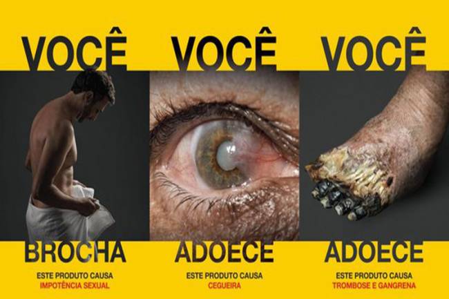 Imagens de novas advertências em embalagens de cigarros divulgadas pela Anvisa: impotência sexual, cegueira, trombose e gangrena