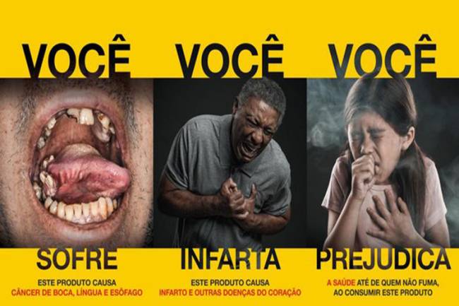 Imagens de novas advertências em embalagens de cigarros divulgadas pela Anvisa: câncer de boca, língua e esôfago; infarto, entre outros