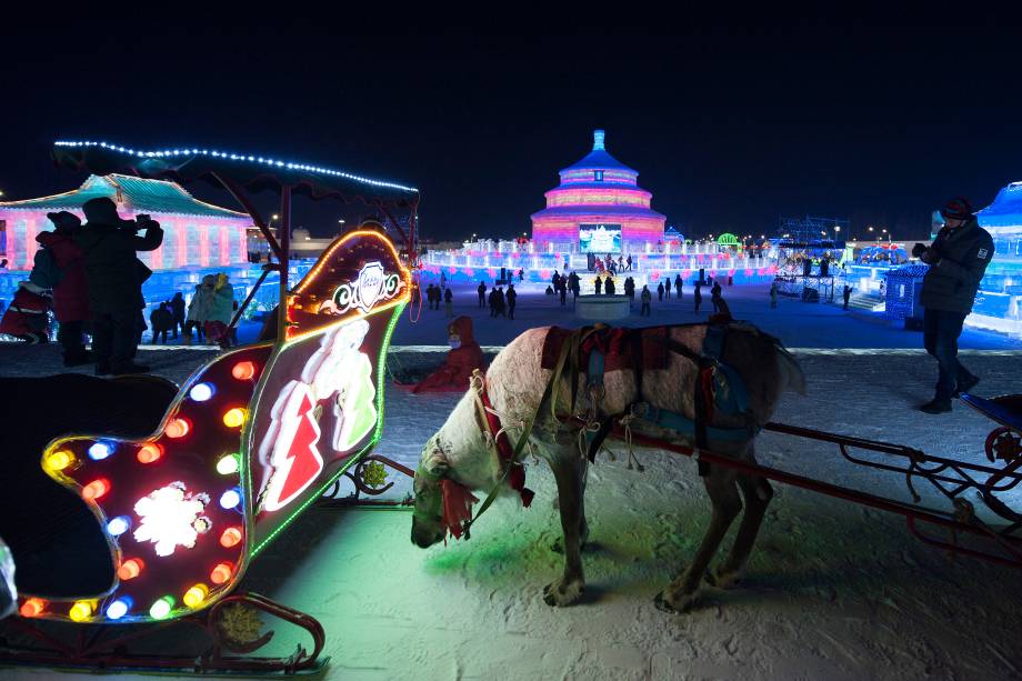 Um alce participa do Festival Anual de Escultura de Gelo e Neve de Harbin, no nordeste da China - 04/01/2018