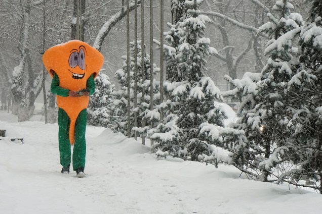 Um homem vestido com uma fantasia usada para promover o restaurante em que trabalha é visto andando durante uma queda de neve em Almaty, no Cazaquistão - 11/01/2018