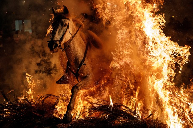 Um cavalo é visto saindo do meio do fogo durante a celebração anual de "Las Luminarias", na véspera do dia de Santo António, o ritual de purificação homenageia santo padroeiro de animais da Espanha, na vila de San Bartolomé de Pinares, Espanha - 16/01/2018