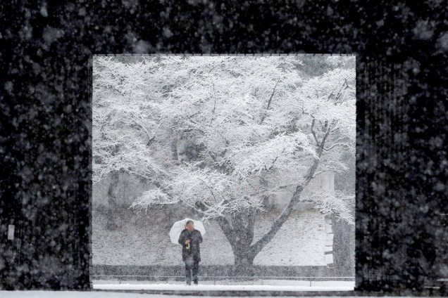 Homem segura um guarda-chuva enquanto caminha em meio a uma nevasca nos arredores do Palácio Imperial em Tóquio, no Japão - 22/01/2018