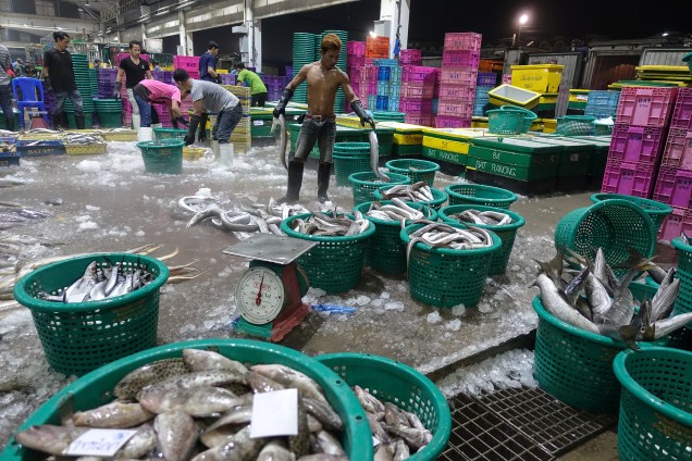 Pescadores separam o resultado de seu trabalho, peixes e mariscos, em baldes, dentro de um mercado na província de Samut Sakhon, na Tailândia - 22/01/2018