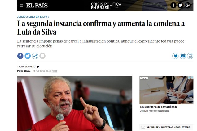 Jornal El País, da Espanha, destaca reação da bolsa de valores à manutenção da condenação de Lula
