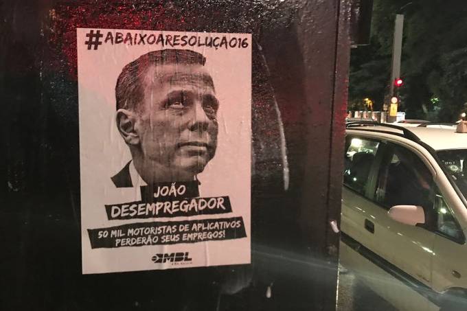 Cartazes criticando o prefeito João Doria na Avenida Paulista