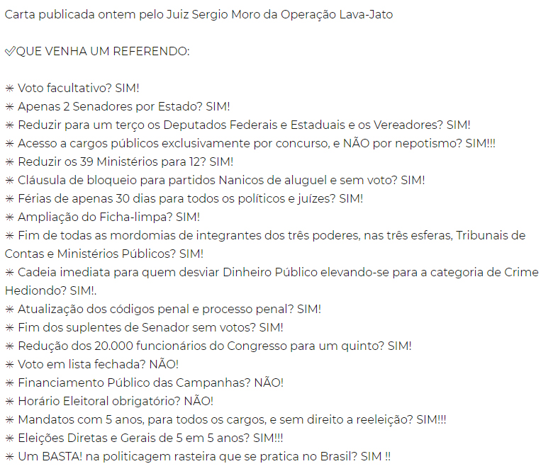 Trecho da carta erroneamente atribuída ao juiz federal Sergio Moro