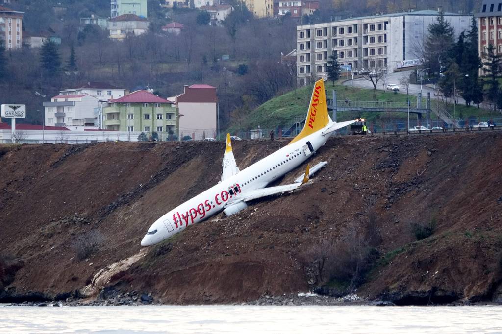 Avião da Pegasus Airlines derrapa na pista de pouso em aeroporto na costa da Turquia - 14/01/2018