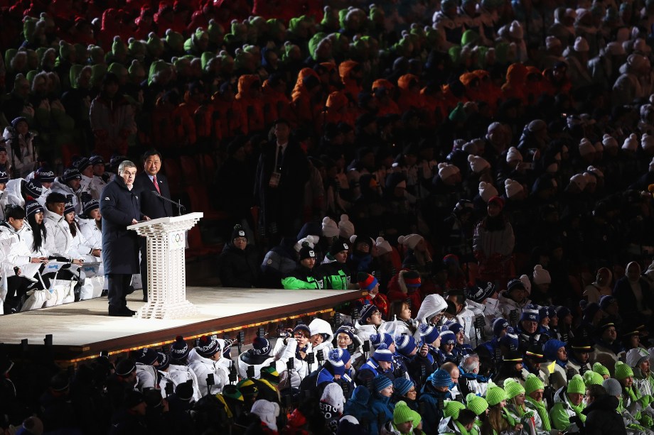 O presidente do COI, Thomas Bach, discursa durante a cerimônia de abertura dos Jogos Olímpicos de Inverno PyeongChang 2018 no Estádio Olímpico de PyeongChang - 09/02/2018