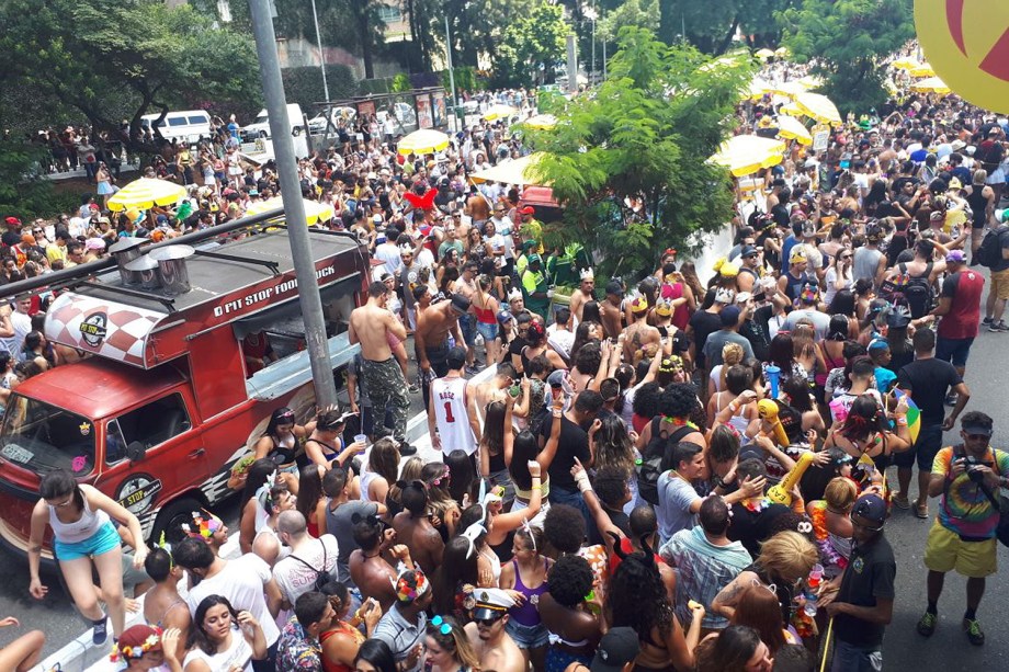 Multidão de foliões durante desfile do bloco Domingo Ela Não Vai, na Avenida 23 de Maio, em São Paulo - 11/02/2018