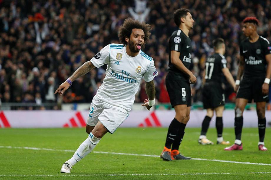 Marcelo comemora após marcar o terceiro gol do Real Madrid contra o PSG