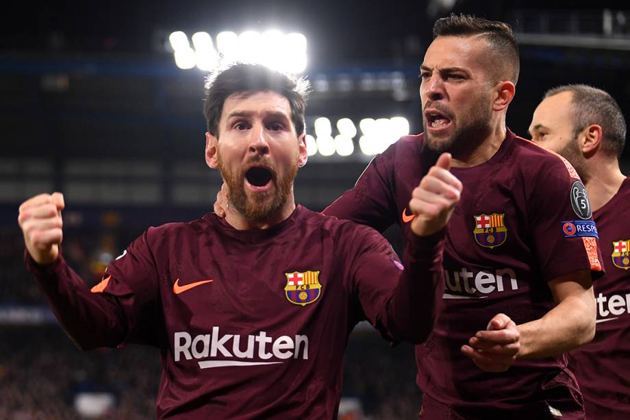 Messi comemora após marcar contra o Chelsea, pela Liga dos Campeões, em Londres