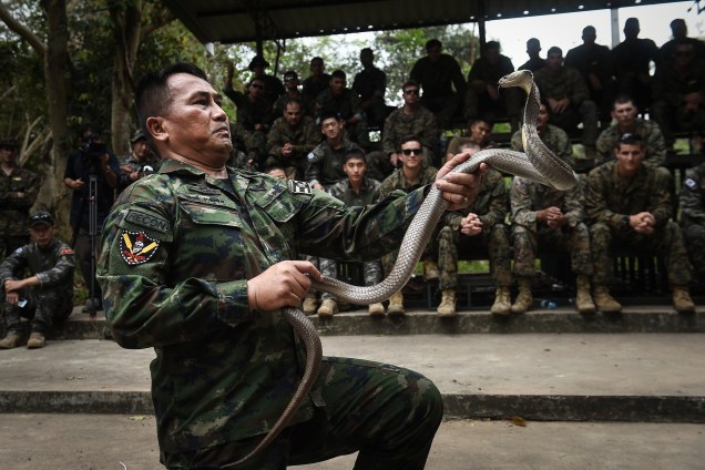 Comandante tailandês controla uma cobra durante exercício militar conjunto entre militares dos Estados Unidos e da Tailândia na província costeira de Chonburi - 19/02/2018
