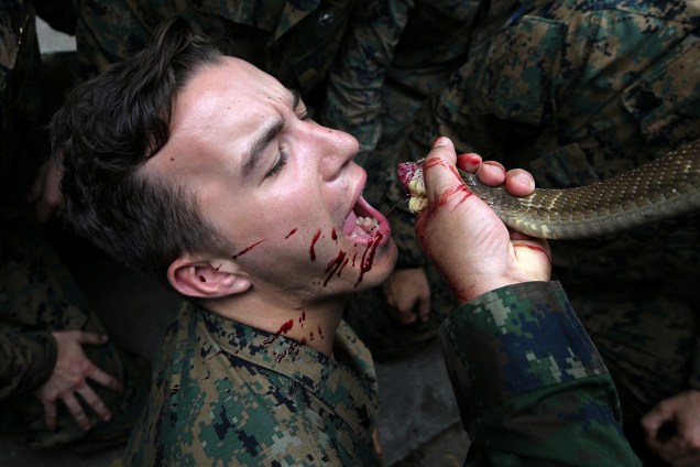 Marine americano bebe o sangue de uma cobra durante um exercício de sobrevivência na selva como parte do exercício militar conjunto "Cobra Gold 2018" na Tailândia - 19/02/2018
