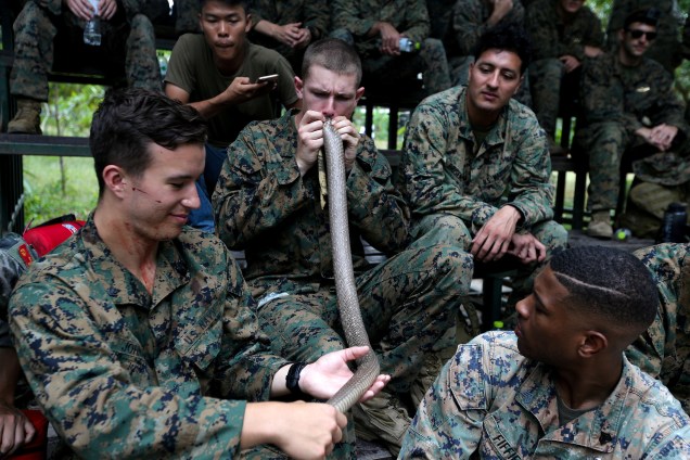 Após matar, beber o sangue e retirar o que constitui o corpo da cobra, marines americanos inflam sua pele durante o treinamento de sobrevivência, na província de Chon Buri, Tailândia - 19/02/2018