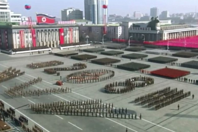This screen grab taken from North Korea's KCTV on February 8, 2018 shows members of North Korea's military taking part in a parade, with missiles being displayed, in Kim Il Sung Square in Pyongyang.