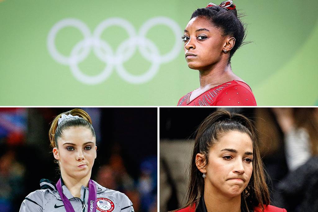 Vítimas – Simone Biles (acima), cinco medalhas na Olimpíada do Rio, demorou, mas admitiu que foi abusada nos “tratamentos” que Nassar também aplicava à colega de equipe Aly (abaixo, à dir.) e a McKayla, campeã em Londres