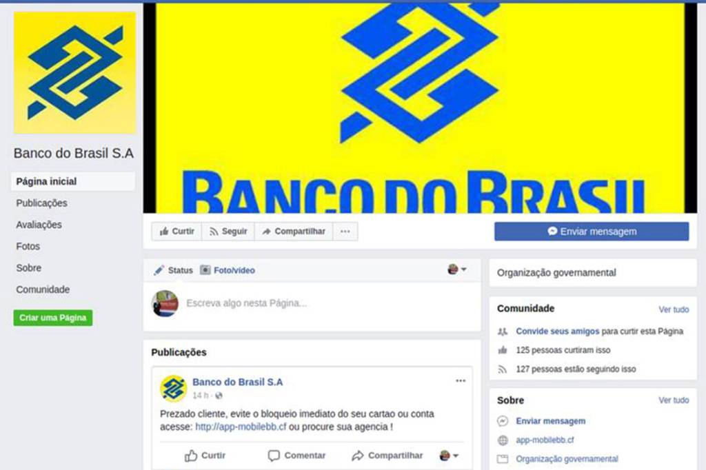 Perfil falso no Banco do Brasil no Facebook