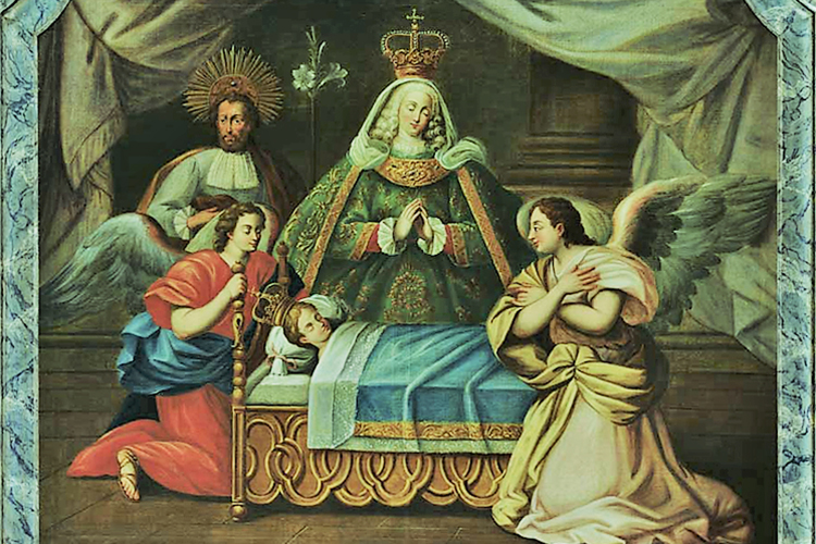 Madre Paula como modelo artístico: ela representa a Virgem Maria, D. João V é São José, e o filho de ambos, D. José, o Menino Jesus.