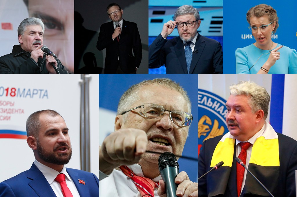 Os candidatos à presidência da Rússia: Pavel Grudinin, Boris Titov, Grigory Yavlinsky, Ksenia Sobchak, Maxim Suraikin, Vladimir Zhirinovsky e Sergei Baburin