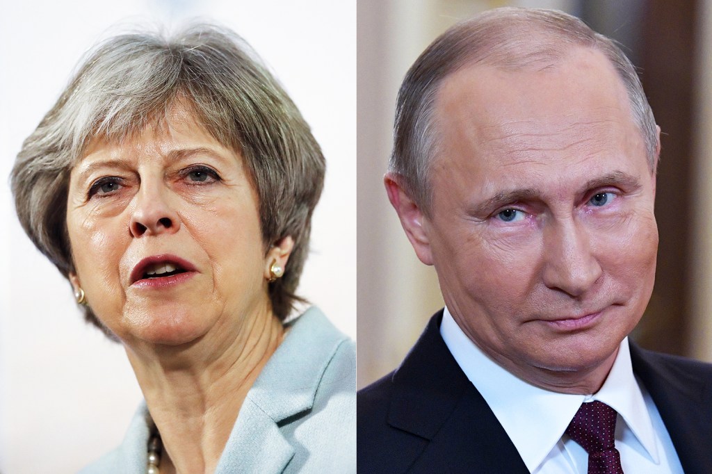 A primeira-ministra britânica, Theresa May, e o presidente da Rússia, Vladimir Putin