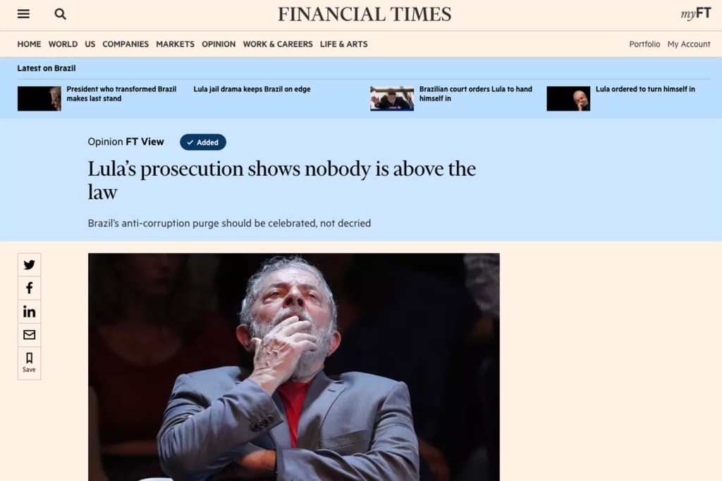 'Financial Times' noticia ordem de prisão do ex-presidente Lula