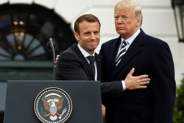 Presidente da França Emmanuel Macron e o Presidente dos Estados Unidos Donald Trump participam de conferência na Casa Branca em Washington D.C - 24/04/2018