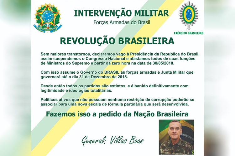 Fake news sobre intervenção militar, suspendendo as atividades do Congresso Nacional, ordenado pro General Villas Boas