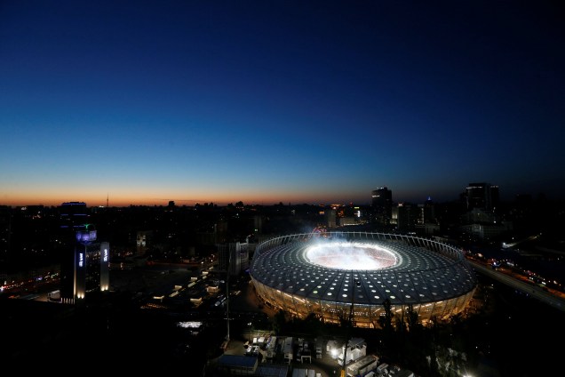 Vista aerea do Estádio Olímpico de Kiev durante a final da Liga dos Campeões entre Liverpool e Real Madrid - 26/05/2018