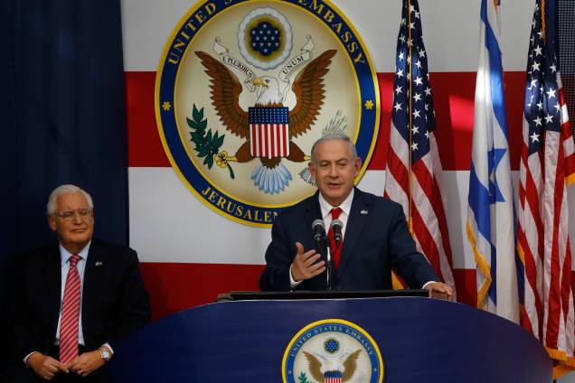 O primeiro-ministro de Israel, Benjamin Netanyahu, discursa durante a abertura da embaixada dos EUA em Jerusalém - 14/05/2018