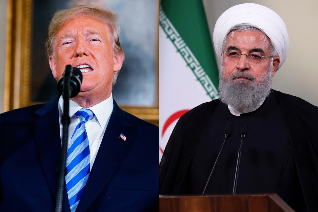 Donald Trump (esq) e Hassan Rouhani (dir), presidentes dos Estados Unidos e Irã, realizam pronunciamentos após o país americano deixar acordo nuclear - 08/05/2018